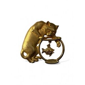 Vintage Signed JJ Jonette Gold Tone Kitty Cat with Paw in Fish Bowl Pin Brooch